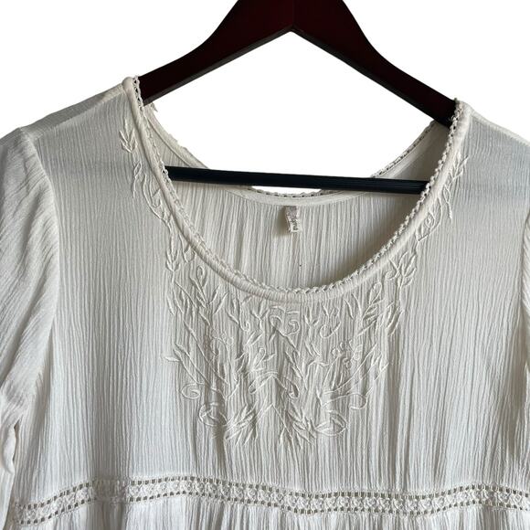 Japna Women Crop Top XS Ivory Embroidered Gauzy Crochet Inlet Boho Peasant Flowy - Picture 9 of 10